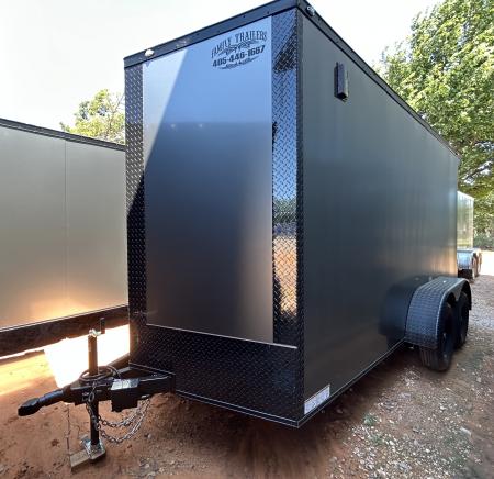 New 2026 Family Trailer 7x14 Tandem Axle Cargo / Enclosed Trailer-Screwless Exterior-Blackout Pkg-Rear Spoiler-HD Axles