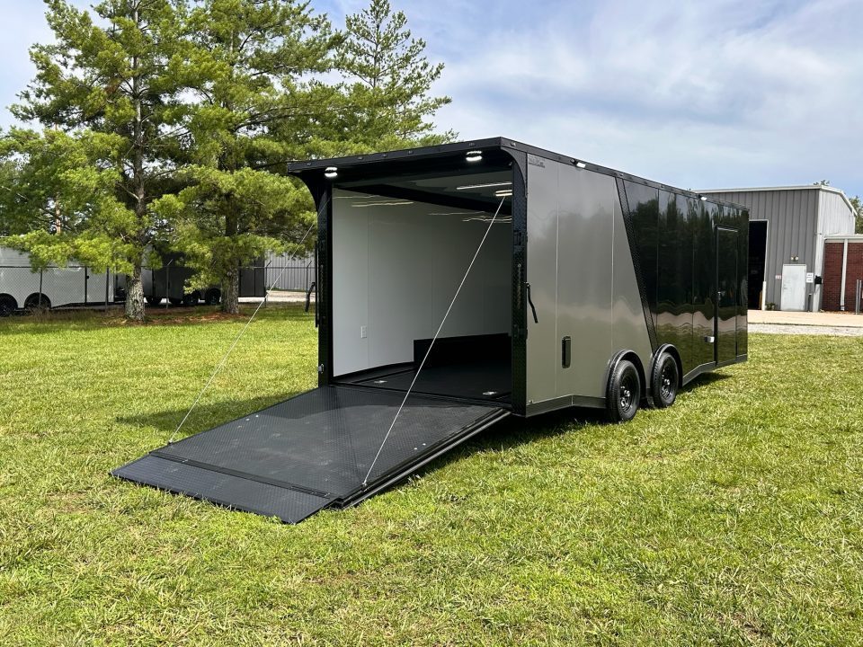 New 2026 Luxe 8.5x22 Racing Trailer Finished Interior- 5200 Tandem Axle-Two Toned Black Charcoal- Recessed E-Track
