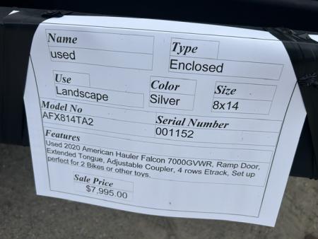 Used 2020 American Hauler Landscape 8' X 14' , 7,000 lb. GVWR Cargo / Enclosed Trailer