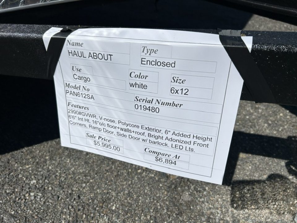 New 2026 Haul About Trailers 6 X 12 V nose,2,990 lb. GVWR Cargo / Enclosed Trailer