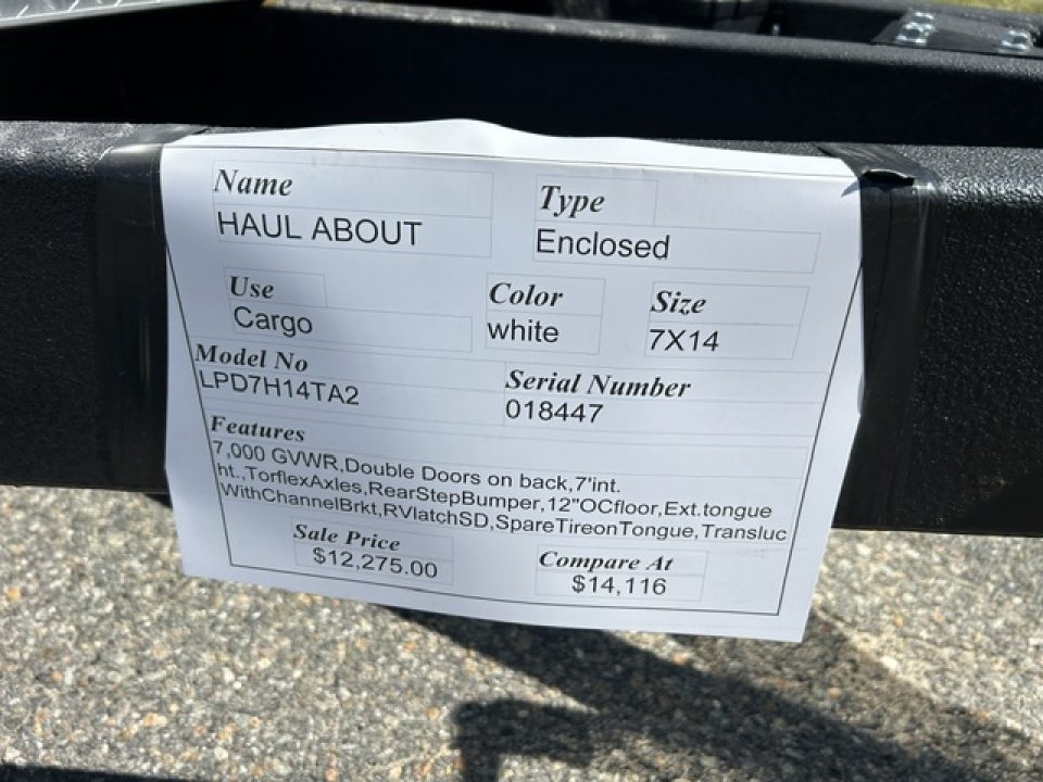 New 2026 Haul About Trailers 7X14 with Double Doors, 7,000 lb. GVWR Cargo / Enclosed Trailer