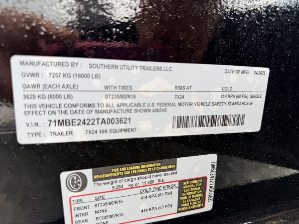 New 2026 Southern Utility 7X24 EQUIPMENT TRAILER (16K GVWR) Equipment Trailer