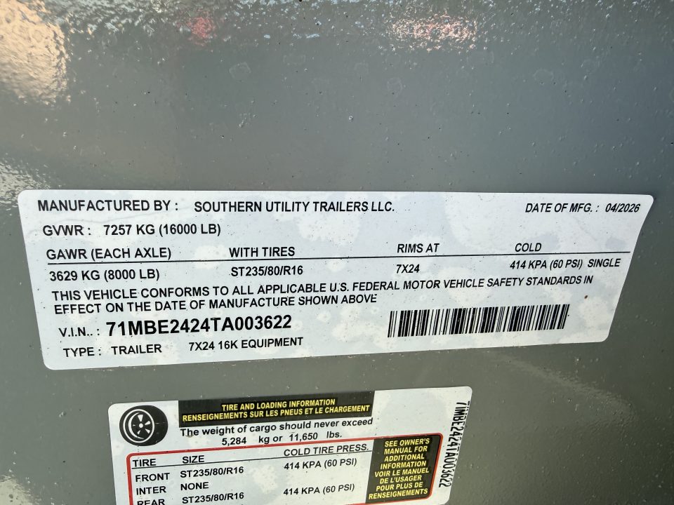 New 2026 Southern Utility 7X24 EQUIPMENT TRAILER (16K GVWR) Equipment Trailer