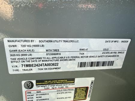 New 2026 Southern Utility 7X24 EQUIPMENT TRAILER (16K GVWR) Equipment Trailer