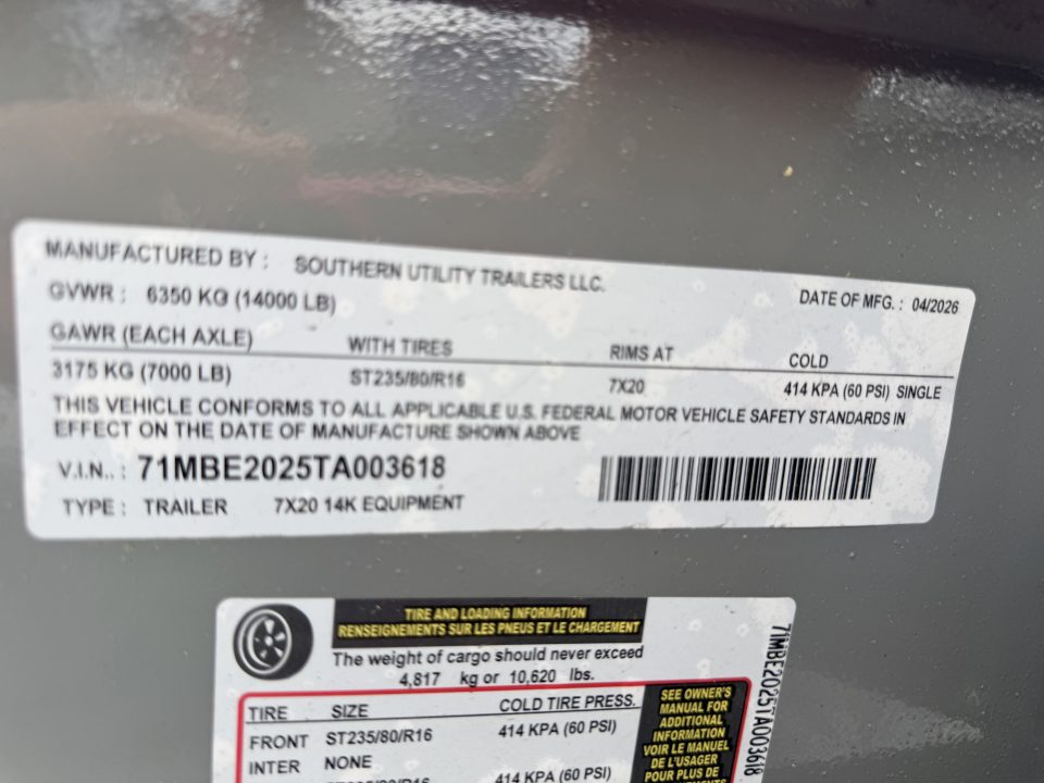 New 2026 Southern Utility 7X20 EQUIPMENT TRAILER (16K GVWR) Equipment Trailer