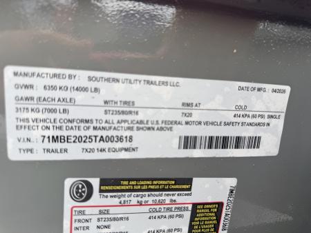 New 2026 Southern Utility 7X20 EQUIPMENT TRAILER (16K GVWR) Equipment Trailer