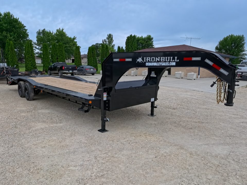 New 2027 Iron Bull 102" x 30' (26 +4) Equipment Trailer with 2)10K Spring Axles, Electric Brakes, 4' Self Cleaning Dove Tail and 4' Rampage Ramps
