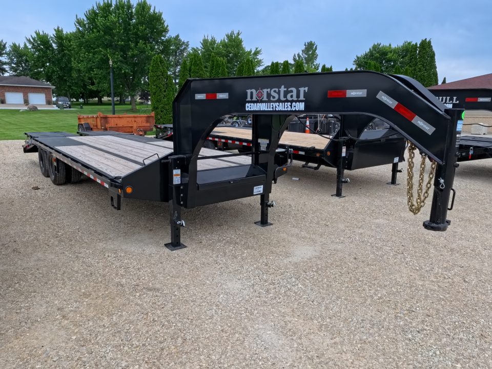 New 2026 Norstar 102"x25' FXG (20+5) Deckover Trailer Gooseneck with 2 -10K Spring Axles, Rampage Ramps, Spare Tire, Mud Flaps and More!