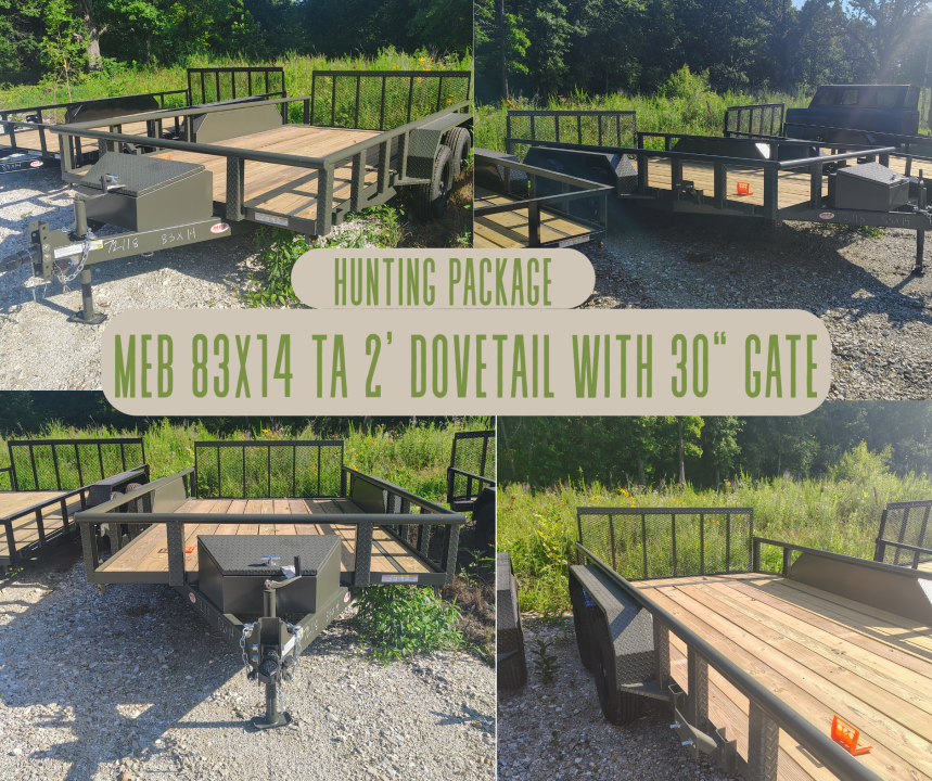 New 2026 MEB 83x14 TA , 2' Dovetail with 30" gate or straight deck with 48" gate,, pipe rails, 3.5k axles, Hunting package Utility Trailer