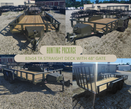 New 2026 MEB 83x14 TA , 2' Dovetail with 30" gate or straight deck with 48" gate,, pipe rails, 3.5k axles, Hunting package Utility Trailer