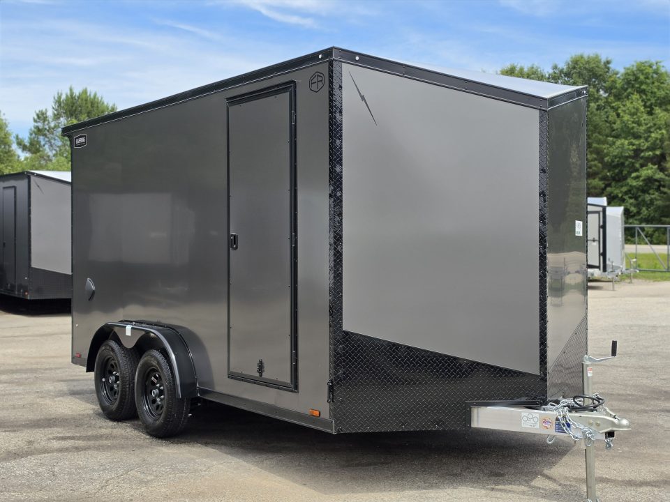 New 7.5 X 14 CARGO ENCLOSED ALL ALUMINUM BLACK OUT PKG 2027 LIGHTNING REAR RAMP DOOR