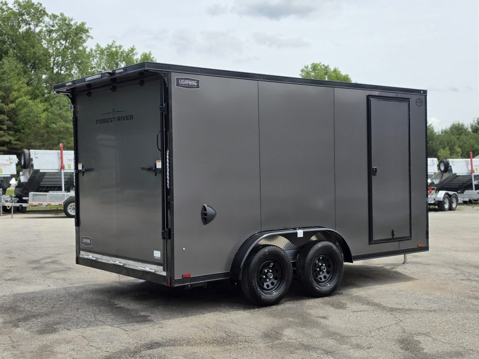 New 7.5 X 14 CARGO ENCLOSED ALL ALUMINUM BLACK OUT PKG 2027 LIGHTNING REAR RAMP DOOR