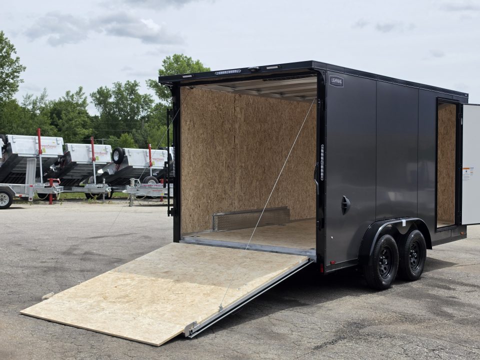 New 7.5 X 14 CARGO ENCLOSED ALL ALUMINUM BLACK OUT PKG 2027 LIGHTNING REAR RAMP DOOR