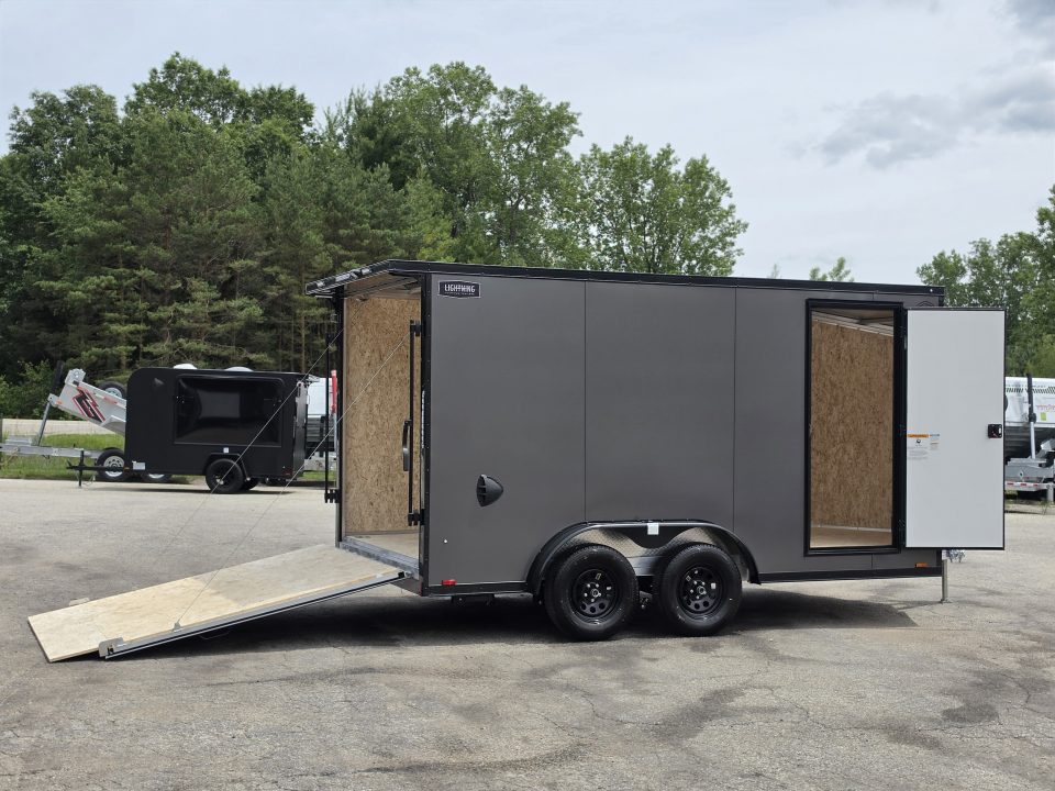 New 7.5 X 14 CARGO ENCLOSED ALL ALUMINUM BLACK OUT PKG 2027 LIGHTNING REAR RAMP DOOR