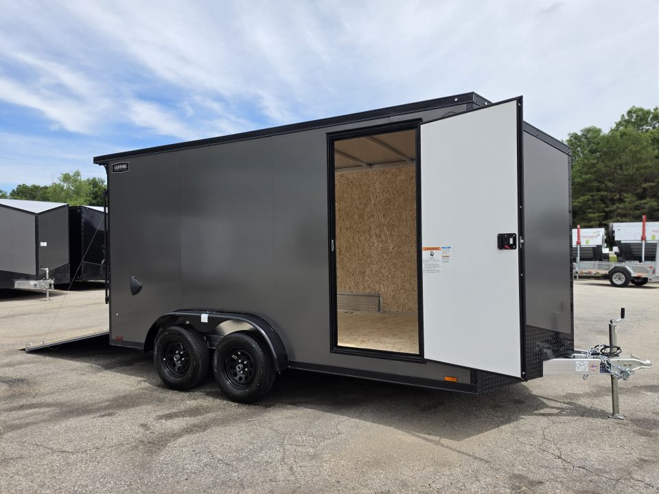 New 7.5 X 14 CARGO ENCLOSED ALL ALUMINUM BLACK OUT PKG 2027 LIGHTNING REAR RAMP DOOR