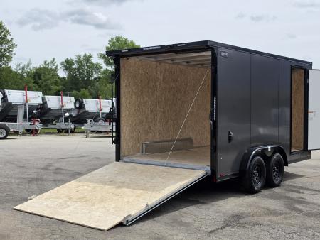 New 7.5 X 14 CARGO ENCLOSED ALL ALUMINUM BLACK OUT PKG 2027 LIGHTNING REAR RAMP DOOR