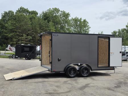 New 7.5 X 14 CARGO ENCLOSED ALL ALUMINUM BLACK OUT PKG 2027 LIGHTNING REAR RAMP DOOR