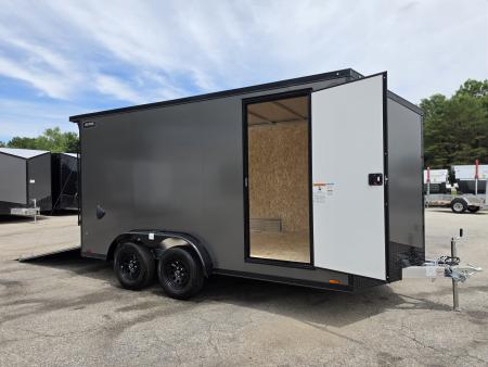 New 7.5 X 14 CARGO ENCLOSED ALL ALUMINUM BLACK OUT PKG 2027 LIGHTNING REAR RAMP DOOR