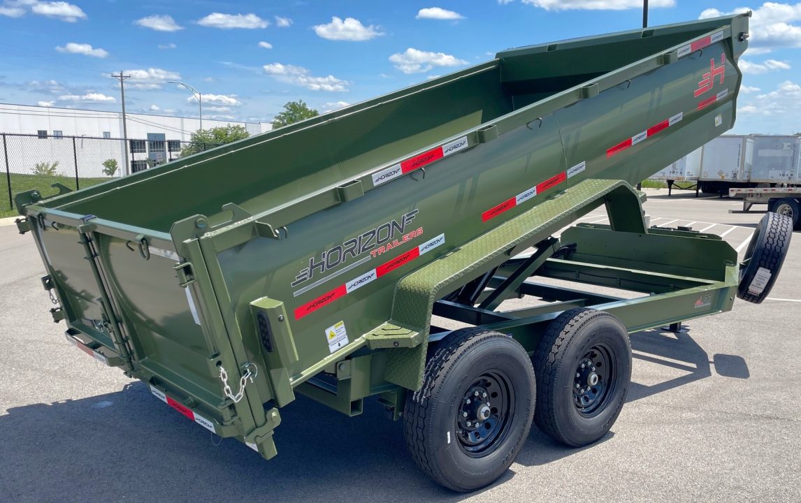 New Horizon LZ7 14'x 83" Dump Trailer: Military Green, 14K GVWR, Spare