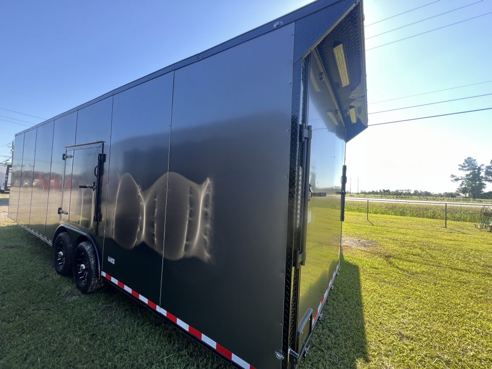 New 2027 South Georgia Cargo 8.5x28 Tandem Axle Enclosed Cargo Trailer – Charcoal Polycore Super Stealth Blackout Edition | 7'6" Interior, Escape Door & Rear Spoiler with LED Lights