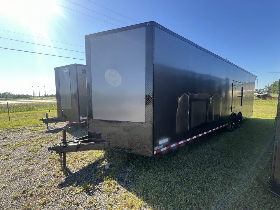 New 2027 South Georgia Cargo 8.5x28 Tandem Axle Enclosed Cargo Trailer – Charcoal Polycore Super Stealth Blackout Edition | 7'6" Interior, Escape Door & Rear Spoiler with LED Lights
