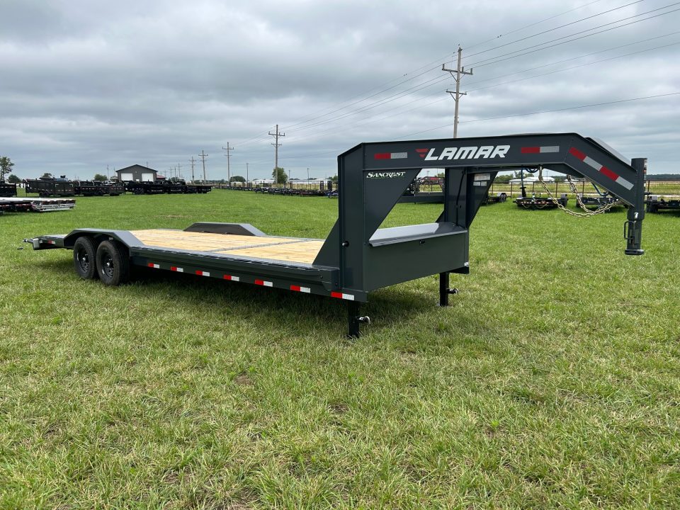 New 2026 Lamar 102x26 Tandem 14K GN Equipment Trailer w/ Drive Over Fenders, 2' Dove, & Slide In Ramps