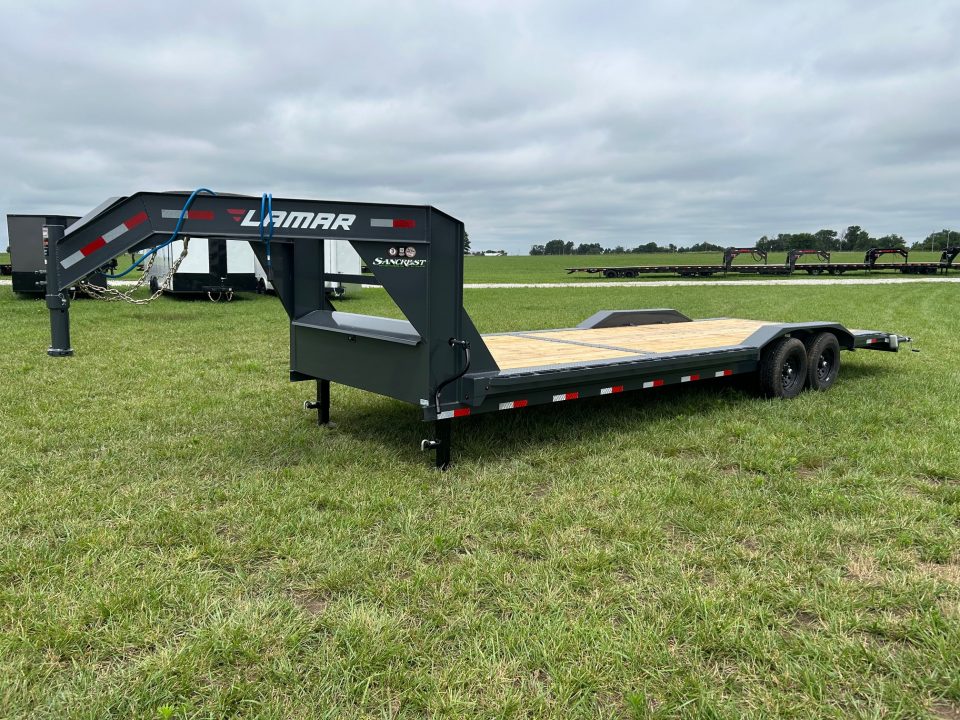 New 2026 Lamar 102x26 Tandem 14K GN Equipment Trailer w/ Drive Over Fenders, 2' Dove, & Slide In Ramps