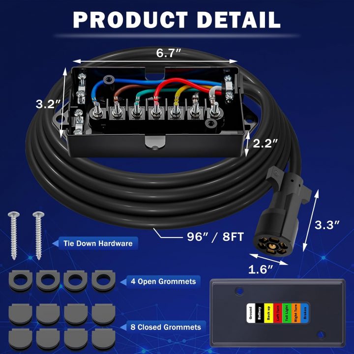 New 2026 Trailer Wiring 7 Way Harness Kit 8 FT Trailer Cord with 7 Pin Trailer Plug and Junction Box Kit Premium Light and Brake Wiring Wires for Trailer RV Accessories