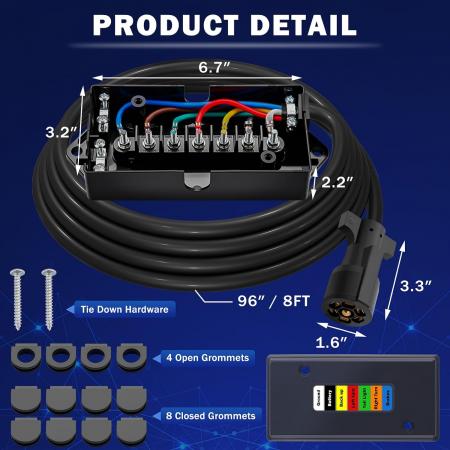 New 2026 Trailer Wiring 7 Way Harness Kit 8 FT Trailer Cord with 7 Pin Trailer Plug and Junction Box Kit Premium Light and Brake Wiring Wires for Trailer RV Accessories