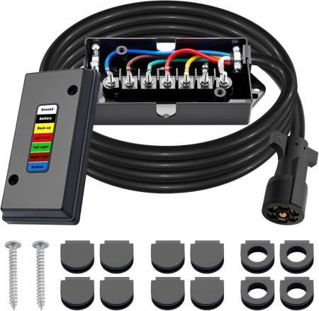 New 2026 Trailer Wiring 7 Way Harness Kit 8 FT Trailer Cord with 7 Pin Trailer Plug and Junction Box Kit Premium Light and Brake Wiring Wires for Trailer RV Accessories