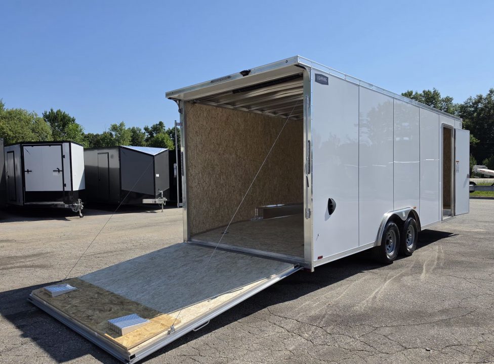 New 8 X 22 CAR HAULER ENCLOSED 5200# AXLES ALL ALUMINUM REAR SPOILER 2027 LIGHTNING