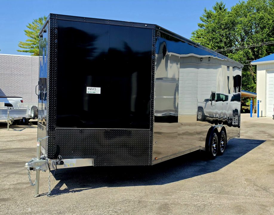 New 8 X 24 CAR HAULER ENCLOSED 2027 LIGHTNING 5200# AXLES ALL ALUMINUM FRONT DROP DOWN DOOR