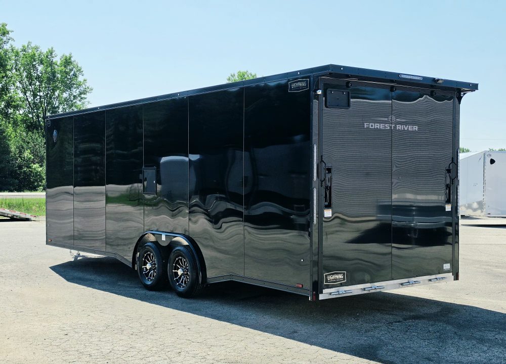 New 8 X 24 CAR HAULER ENCLOSED 2027 LIGHTNING 5200# AXLES ALL ALUMINUM FRONT DROP DOWN DOOR