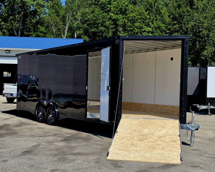 New 8 X 24 CAR HAULER ENCLOSED 2027 LIGHTNING 5200# AXLES ALL ALUMINUM FRONT DROP DOWN DOOR