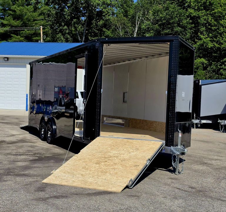 New 8 X 24 CAR HAULER ENCLOSED 2027 LIGHTNING 5200# AXLES ALL ALUMINUM FRONT DROP DOWN DOOR