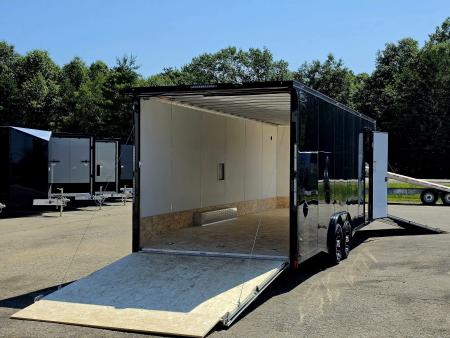 New 8 X 24 CAR HAULER ENCLOSED 2027 LIGHTNING 5200# AXLES ALL ALUMINUM FRONT DROP DOWN DOOR