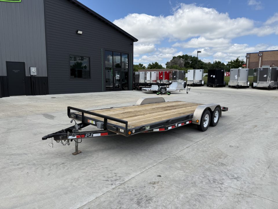 Used 2015 PJ 20’ flatbedTrailer 2-3500 lb axles=10K, dovetail, removable fenders, Rear Slide In Ramps