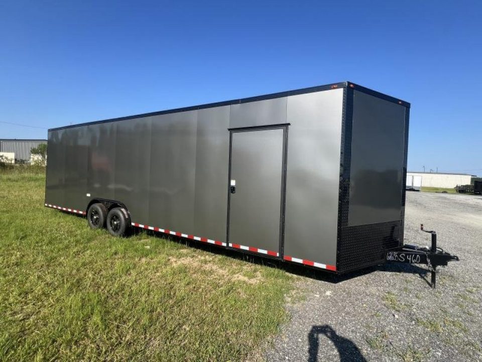 New 2027 South Georgia Cargo 8.5x28 Tandem Axle Enclosed Cargo Trailer – Charcoal Polycore Super Stealth Blackout Package | Escape Door