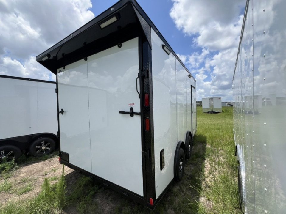 New 2027 Rock Solid Cargo 8.5x16 Tandem Axle Enclosed Motorcycle Trailer – White Polycore Rear Spoiler | Spread Axle