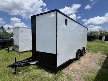 New 2027 Rock Solid Cargo 8.5x16 Tandem Axle Enclosed Motorcycle Trailer – White Polycore Rear Spoiler | Spread Axle