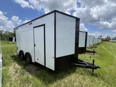New 2027 Rock Solid Cargo 8.5x16 TA2 Motorcycle Trailer White Polycore Rear Spoiler Spread Axle