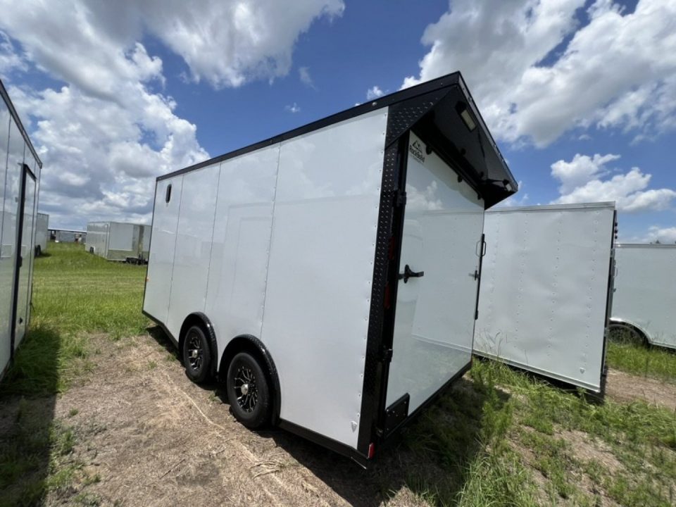 New 2027 Rock Solid Cargo 8.5x16 Tandem Axle Enclosed Motorcycle Trailer – White Polycore Super Stealth Blackout Package