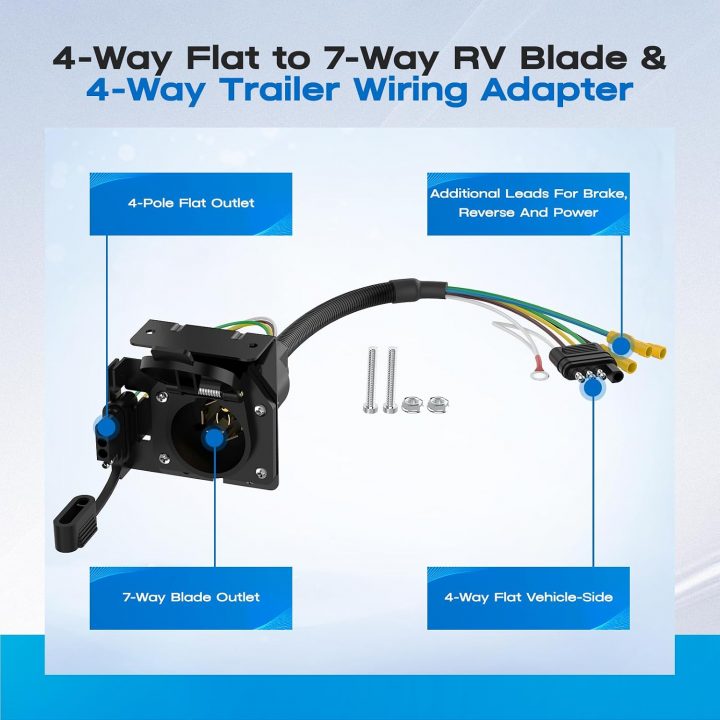 New 2026 4-Way Flat to 7-Way RV Blade & 4-Way Trailer Wiring Adapter with Mounting Bracket, 4 Pin Vehicle-Side to Dual-Output 7 Pin Round & 4 Flat Connector for Truck, RV, and Trailers Accessories