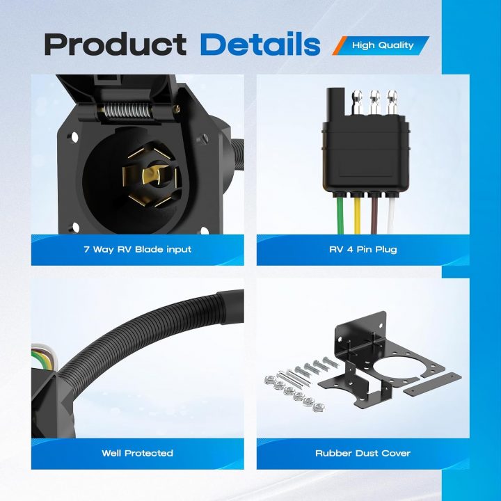 New 2026 4-Way Flat to 7-Way RV Blade & 4-Way Trailer Wiring Adapter with Mounting Bracket, 4 Pin Vehicle-Side to Dual-Output 7 Pin Round & 4 Flat Connector for Truck, RV, and Trailers Accessories