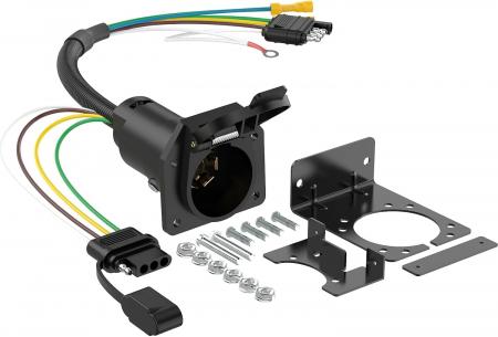 New 2026 4-Way Flat to 7-Way RV Blade & 4-Way Trailer Wiring Adapter with Mounting Bracket, 4 Pin Vehicle-Side to Dual-Output 7 Pin Round & 4 Flat Connector for Truck, RV, and Trailers Accessories