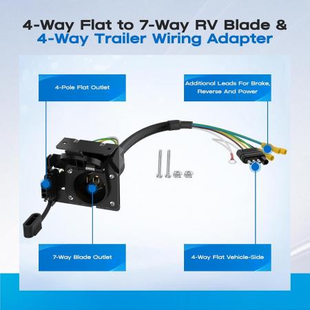 New 2026 4-Way Flat to 7-Way RV Blade & 4-Way Trailer Wiring Adapter with Mounting Bracket, 4 Pin Vehicle-Side to Dual-Output 7 Pin Round & 4 Flat Connector for Truck, RV, and Trailers Accessories