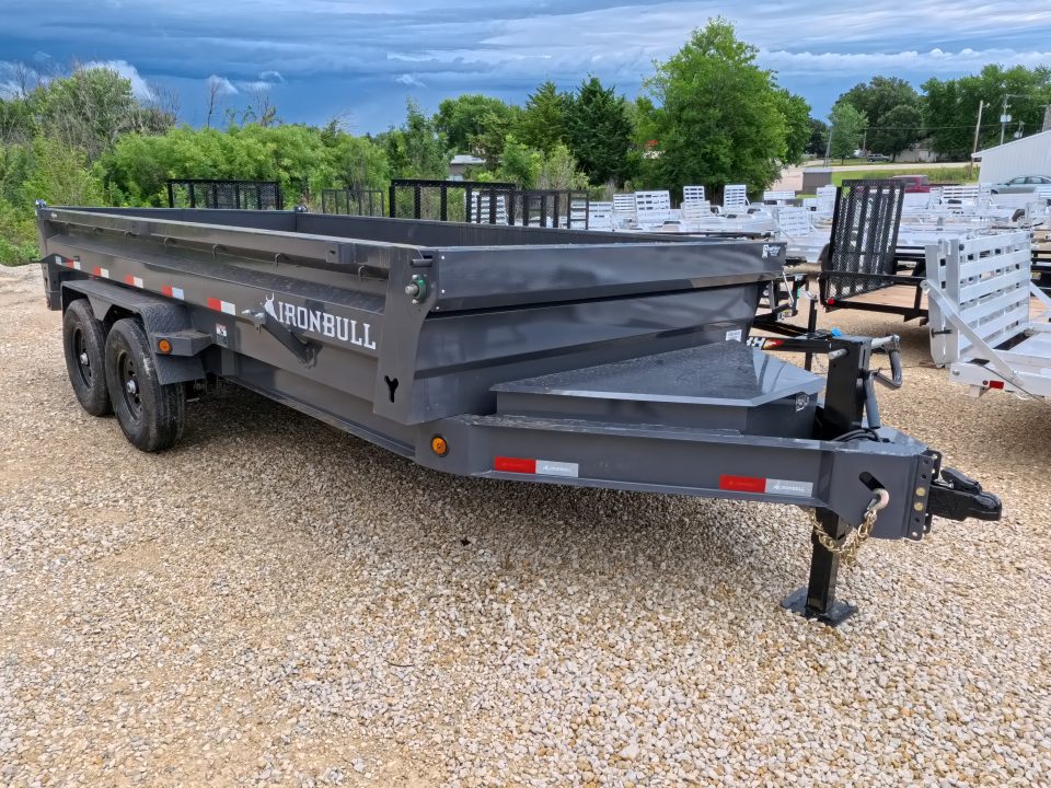 New 2027 Iron Bull 83 x 16 DWB Dump Trailer, 14,999lb. GVWR, Gray with 10 Ply Tires, Slide-In Aluminum Ramps