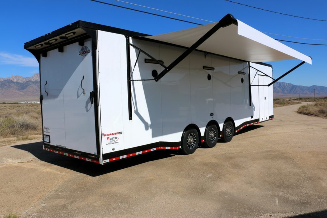 New 8.5X34 CARGO MATE ELIMINATOR SS RACE TRAILER mini split,awning,subwoofers,and more