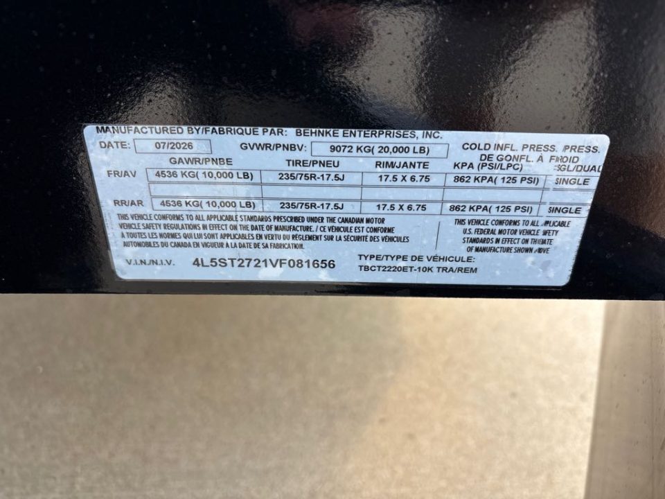 New 2027 Behnke TBCT2220ET-10K Utility Trailer