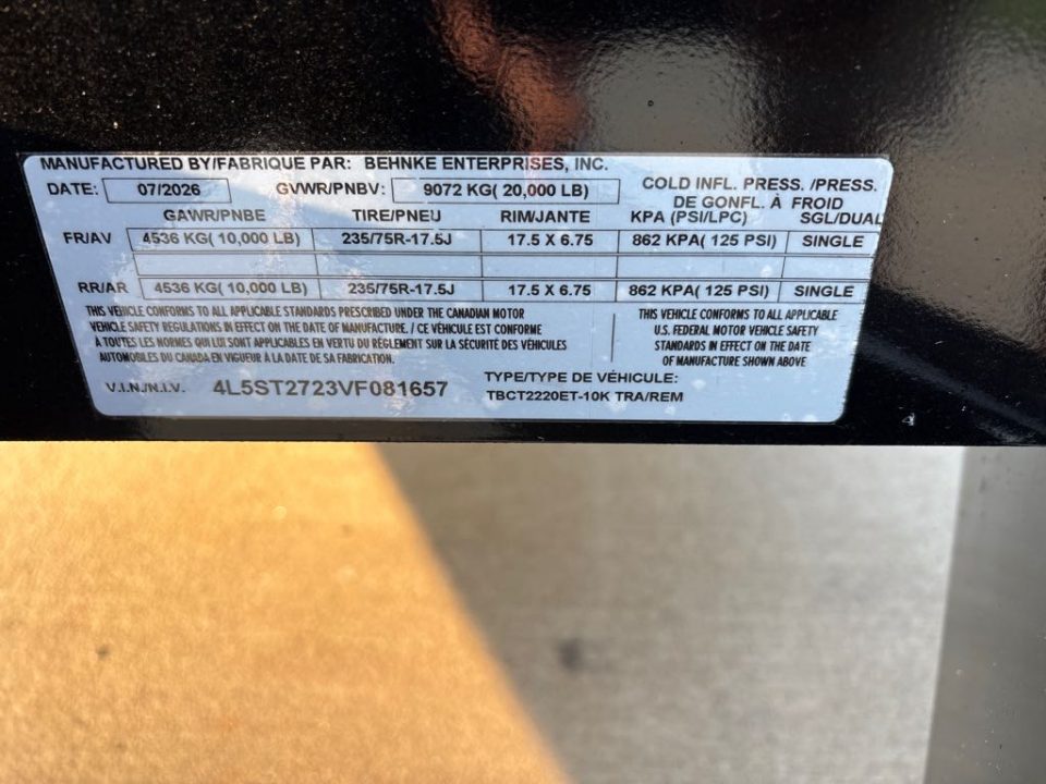 New 2027 Behnke TBCT2220ET-10K Utility Trailer